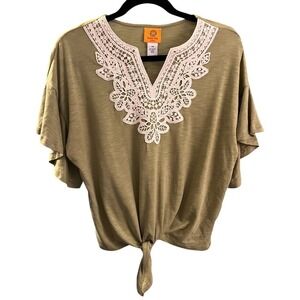 Ruby Rd Olive Green Crochet Lace V-Neck Tie Front Top - Size Petite Medium